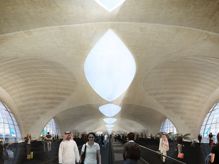 Kuwait International Airport T2 — vaulted concrete terminal with central skylights by Foster + Partners